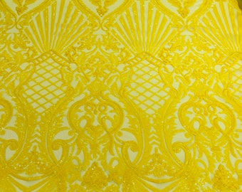 Yellow Sequin Damask Fabric: 4-Way Stretch Mesh, Prom Gown Material