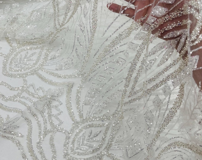 Ivory Beaded Wedding Fabric: Embroidered Bridal Mesh, Sold By The Yard