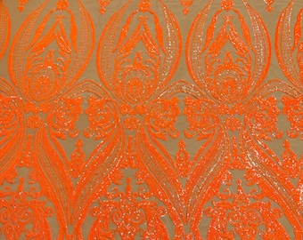 Neón Orange Sequins Fabric on Dark Nude Mesh Sold By The Yard - Damask Design 4 Way Stretch Sequin Fabric
