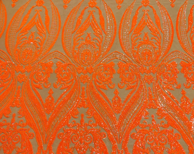 Neón Orange Sequins Fabric on Dark Nude Mesh Sold By The Yard - Damask Design 4 Way Stretch Sequin Fabric