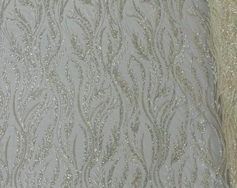 Beaded Bridal Fabric: Off White Embroidered Wavy Leaf Pattern