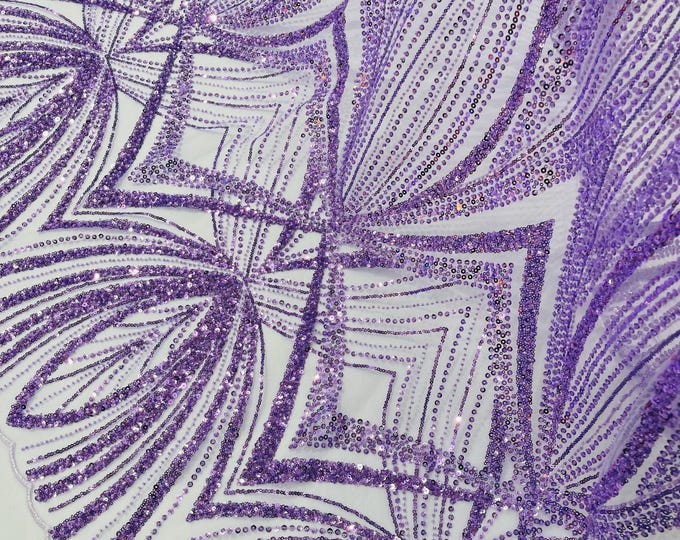 Lilac Beaded Lace Fabric: Embroidered Mesh, Bridal Wedding Dress - Sold By The Yard