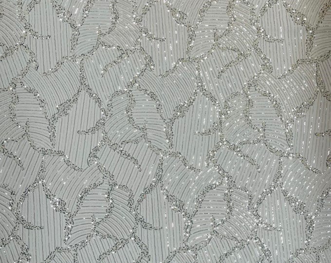 Ivory Beaded Fabric by the yard, Bridal beaded, Damask Pattern With Beads and Sequin, Appliqué lace for bridals,weddings,prom dress