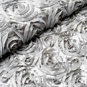 Silver Rosette Fabric 3D Rosette Satin, Floral Satin ( Choose The Size )