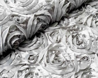 Silver Rosette Fabric 3D Rosette Satin, Floral Satin ( Choose The Size )