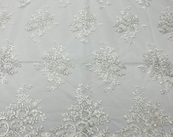 Of White/Silver Floral Lace Fabric, Embroidery on a Mesh Lace Fabric By The Yard For Gown, Wedding-Bridal-Dress