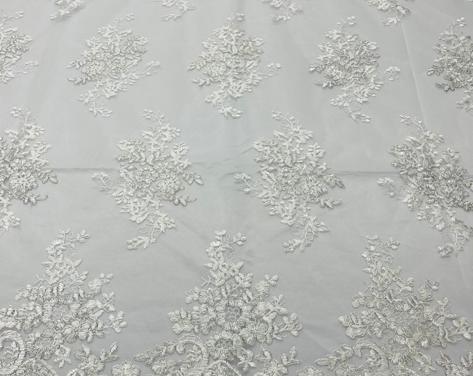 Of White/Silver Floral Lace Fabric, Embroidery on a Mesh Lace Fabric By The Yard For Gown, Wedding-Bridal-Dress