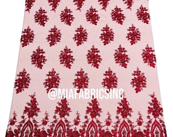 Burgundy Beaded Fabric Embroidered on a Mesh | Fashion Design Beads and Sequins | Beaded Lace | Beaded Wedding | Bridal Lace Fabric By Yard