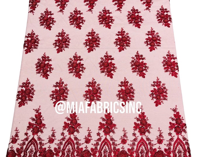 Burgundy Beaded Fabric Embroidered on a Mesh | Fashion Design Beads and Sequins | Beaded Lace | Beaded Wedding | Bridal Lace Fabric By Yard