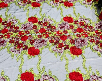 Multi Color Floral Design Embroidered on Black Mesh Lace Fabric, Floral Bridal Lace Wedding Dress by the Yard (Pick a Size)