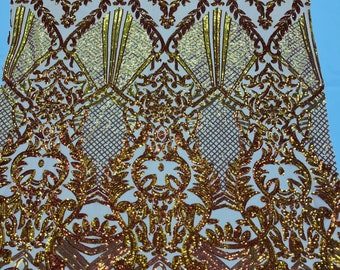 Orange Iridescent Sequins Fabric: Damask Pattern, 4-Way Stretch, Prom Gown