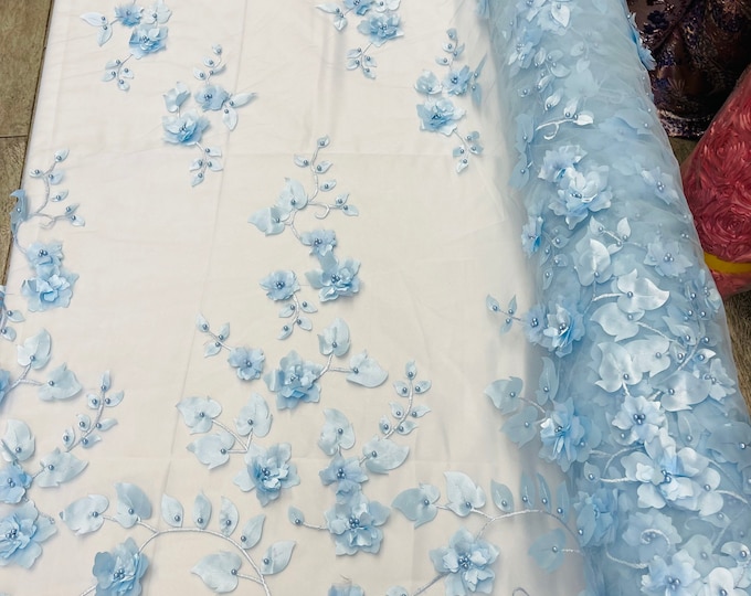 Baby Blue 3D Floral Design Embroider and Beaded With Pearls On a Mesh Lace-Prom-Dress By The Yard