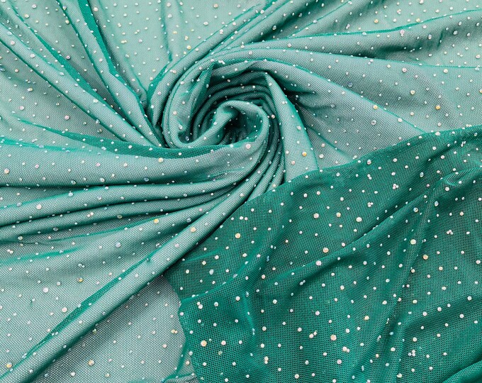 Kelly Green | AB Rhinestones Fabric On Green Power Mesh Polyester Spandex Fabric With Crystal Stones | AB Rhinestones Fabric sold by yard