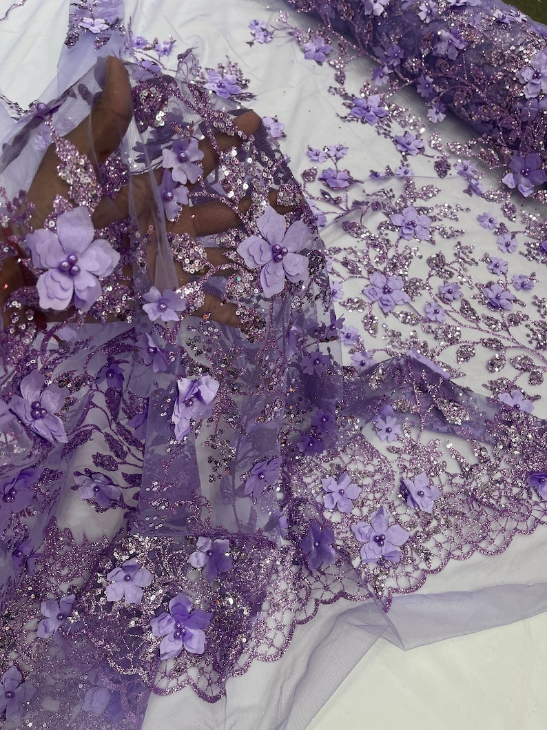 Lilac 3D Flower Glitter Sequin Fabric by the Yard, 3D Floral Glitter ...