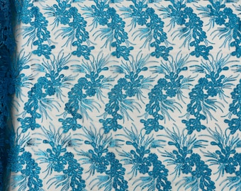 Metallic Turquoise Corded Floral Lace Fabric, by the yard - Embroidery With Sequins on a Mesh Lace Fabric For Gown, Wedding-Bridal