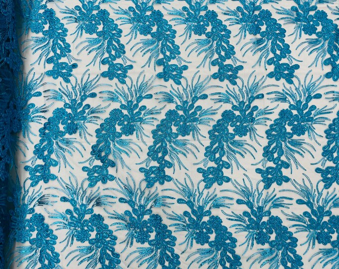 Metallic Turquoise Corded Floral Lace Fabric, by the yard - Embroidery With Sequins on a Mesh Lace Fabric For Gown, Wedding-Bridal