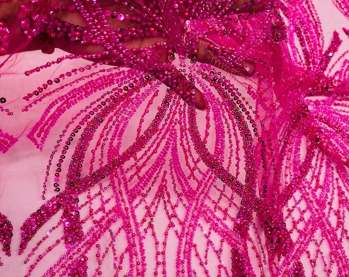 Hot Pink Embroidery Beaded Fabric With Sequin on a Mesh, Hot Pink Beaded Fabric Floral Bridal Lace Fabric by the yard