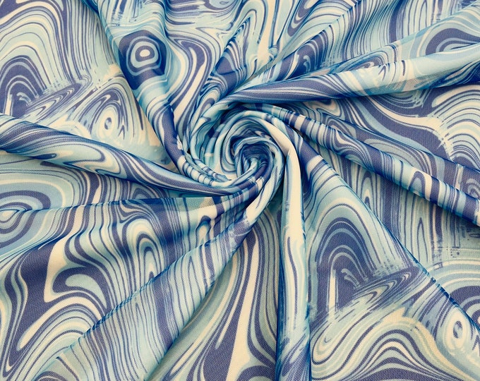 Blue Abstract Printed Power Mesh Fabric | Abstract Design Print | 60” Wide 4 Way Stretch | Print Abstract | by the yard