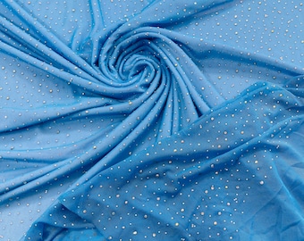 Turquoise | AB Rhinestones Fabric On Power Mesh Polyester Spandex Fabric With Crystal Stones | AB Rhinestones Fabric sold by the yard
