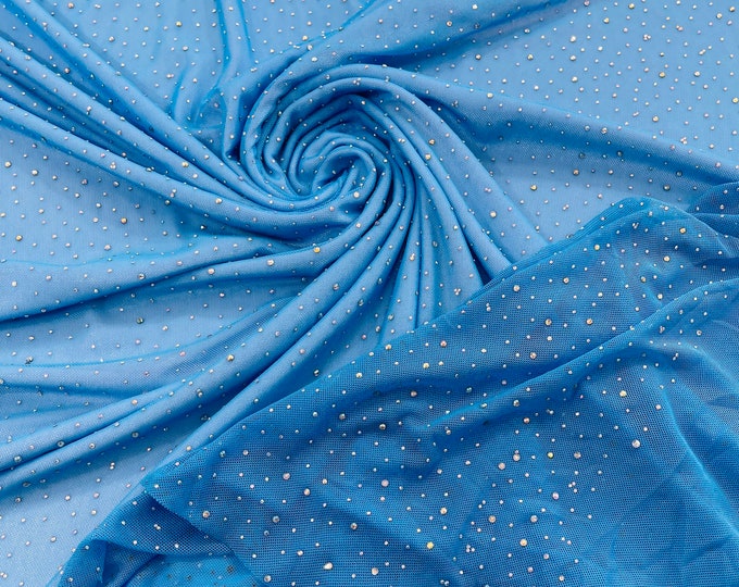 Turquoise | AB Rhinestones Fabric On Power Mesh Polyester Spandex Fabric With Crystal Stones | AB Rhinestones Fabric sold by the yard