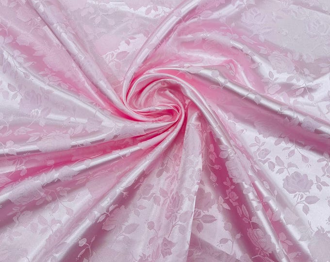 Baby Pink Floral Brocade Jacquard Satin Fabric - 58/60" Wide
