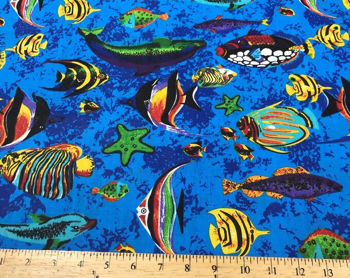 Mia's Fabrics Inc, Royal Blue Fish Tank Aquarium Printed Poly Cotton Fabric By The Yard - 60" (Pick a Size)
