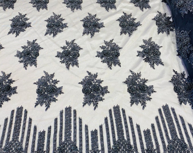 Charcoal Beaded Fabric, Hand Embroidered Lace Bridal Floral On a Mesh Dress Fabric with Beads By The Yard