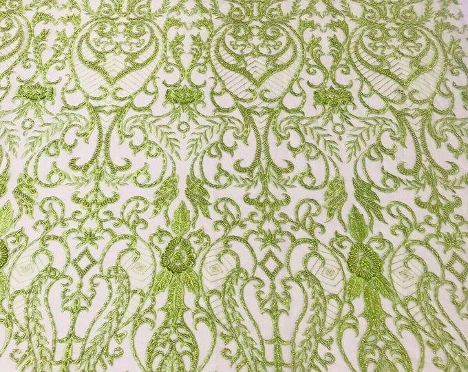 Glam Damask Beaded Fabric, Kiwi Green - Embroidered Fashion Fabric with Beads Wedding Bridal Sold By Yard