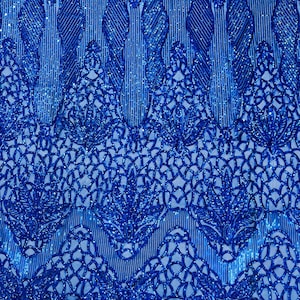 Royal Blue Sequin Fabric: Floral Damask 4-Way Stretch Spandex Lace