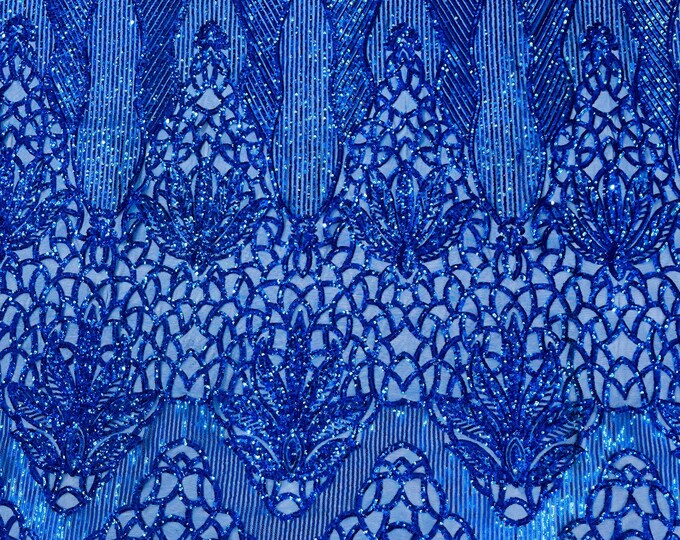 Royal Blue Sequin Fabric | Floral Damask Design on a 4 Way Stretch | Sequins Lace | Spandex Fabric For Prom-Gown By The Yard