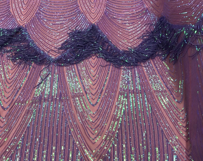 Iridescent Lilac Fringe Sequins on Mauve Mesh, Fringe Design Embroidered on a Mesh 4way Stretch Fancy Sequin-Prom-Gown ( Choose The Size )