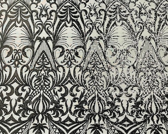 Black Sequin Fabric - by the yard - Damask Design on a 4 Way Stretch Shine Sequins Fabric Mesh-Prom-Gown