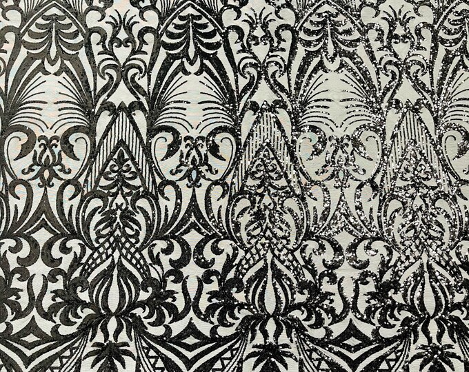 Black Sequin Fabric - by the yard - Damask Design on a 4 Way Stretch Shine Sequins Fabric Mesh-Prom-Gown