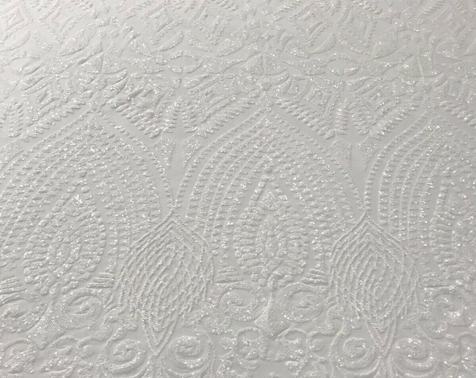 White - 4 Way Stretch Geometric Sequins Bella Design on Mesh Fabric for Prom Gala Gown Sold By The Yard