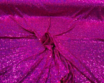Fuchsia Mini Glitz Holographic Sequins on Spandex Mesh,4Way Stretch Sequin Fabric Dresses-Nightgowns-Prom Gown (Choose The Size)