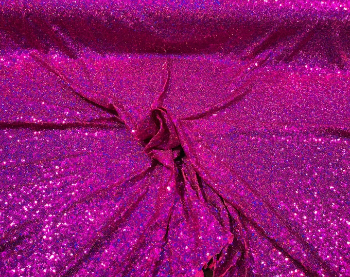 Fuchsia Mini Glitz Holographic Sequins on Spandex Mesh,4Way Stretch Sequin Fabric Dresses-Nightgowns-Prom Gown (Choose The Size)