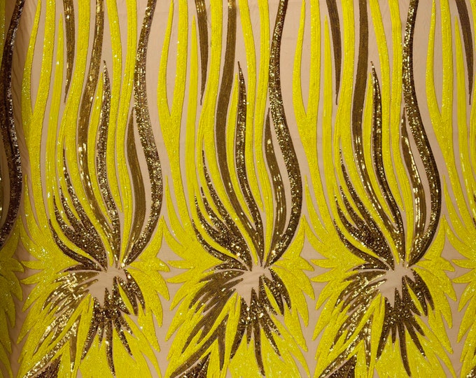 Yellow/Gold Sequins Fabric on Nude Mesh By The Yard | Angel Wings Design Embroidered With Sequin on a Mesh 4way Stretch-Prom-Gown