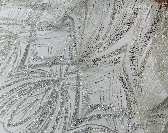 Silver Beaded Lace Fabric: Embroidered Mesh, Bridal Wedding Dress - Sold By The Yard