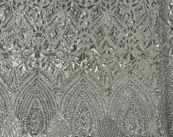 Silver Sequin Fabric – Geometric Embroidery on Mesh, 4-Way Stretch