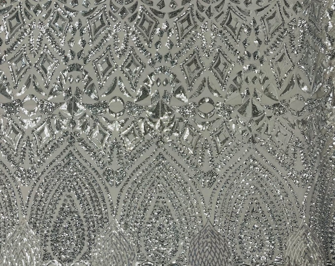 Silver Sequin Fabric on Silver Mesh 4 Way Stretch - Geometric Design Embroidery With Sequins (Pick a Size) by the yard