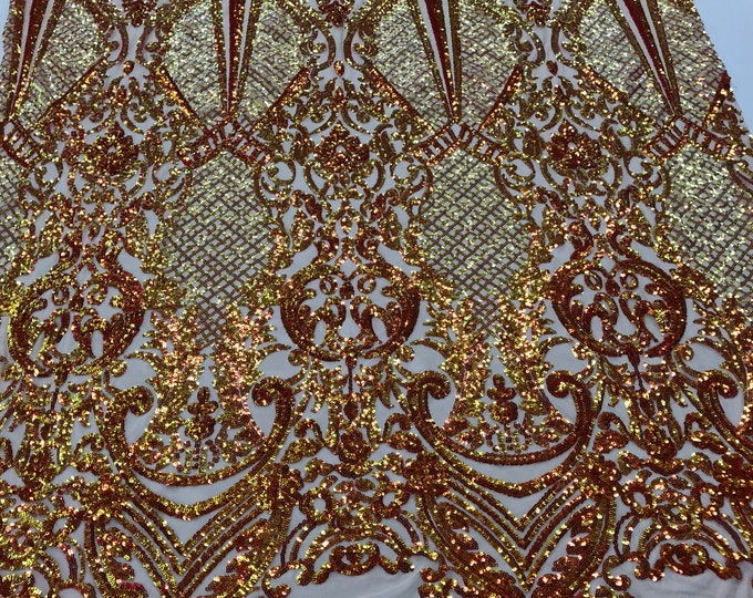 Sequins Iridescent Orange Lace Fabric, DAMASK Design Embroidered on Mesh 4 way Stretch Sequin By The Yard -Prom-Gown ( Choose The Size )