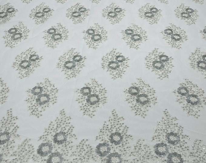 Off White Lace Fabric - by yard - Corded Flower Embroidery With Glitter/Sequins on a Mesh Lace Fabric For Wedding-Bridal-Dress