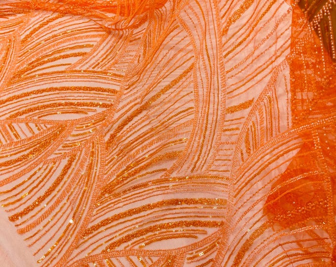 Orange Beaded Lace Fabric: Embroidered Mesh, Bridal Wedding Dress - Fashion Beaded