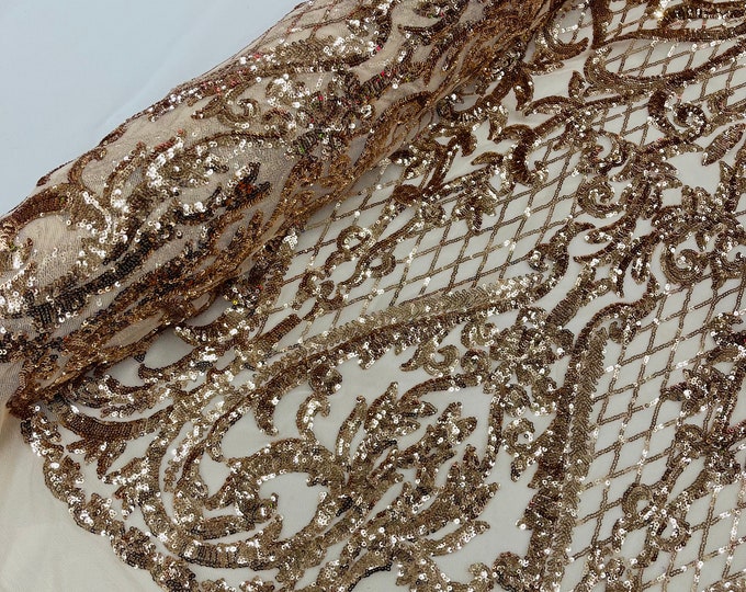 Rose Gold Sequins Fabric | 4 Way Stretch Mesh | Embroidered Damask Design With Sequin Lace Prom-Gown by the yard