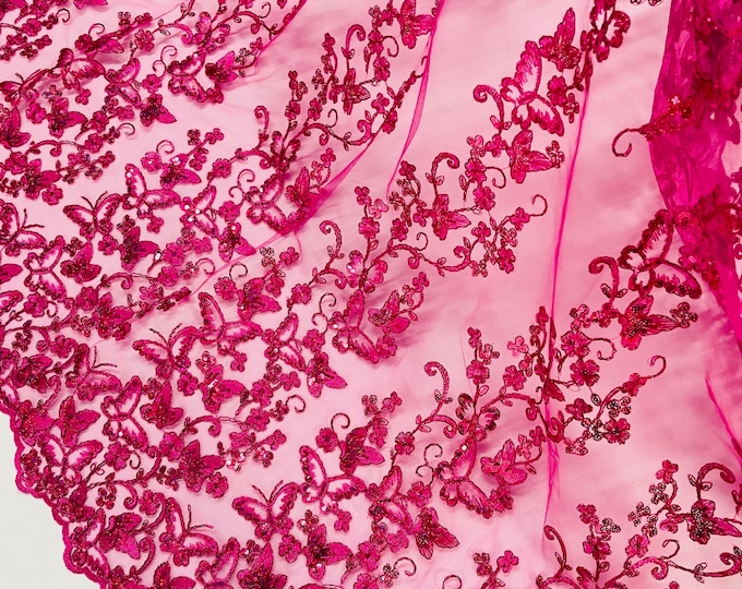 Fuchsia Hologram Sequin Butterfly Lace Fabric: Metallic Corded Embroidery with Sequins