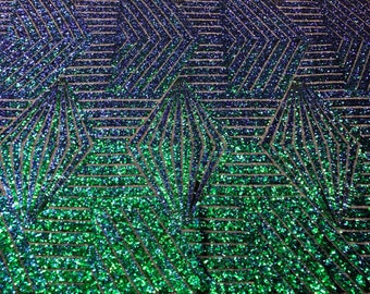 Iridescent Green Geometric Design On Black Mesh-Prom-Gown, 2 Way Stretch Sequin Fabric By The Yard
