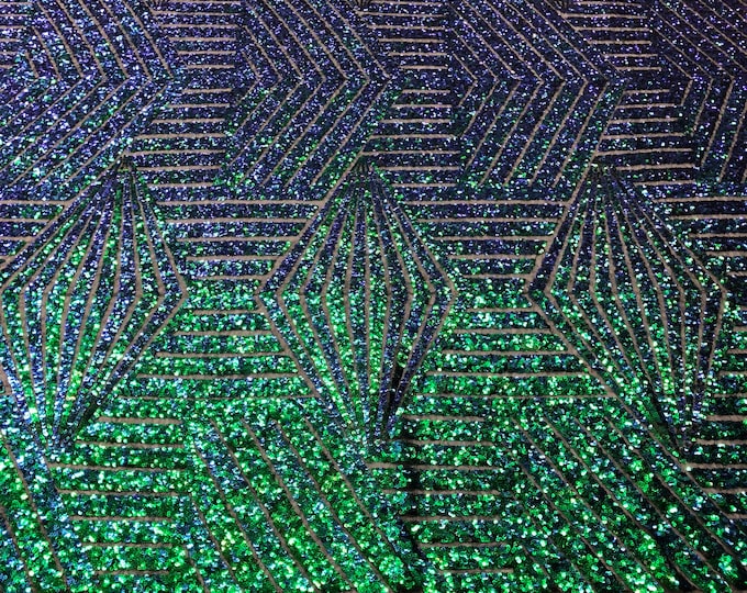 Iridescent Green Geometric Design On Black Mesh-Prom-Gown, 2 Way Stretch Sequin Fabric By The Yard