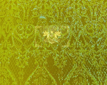Yellow Iridescent Sequins Fabric  - 4 Way Stretch Sequins Heart Pattern Damask with Fish Net Details on Mesh Sold By Yard