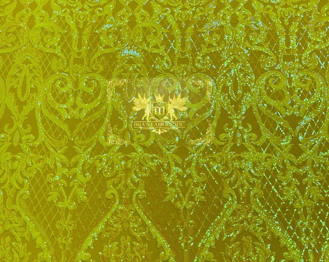 Yellow Iridescent Sequins Fabric  - 4 Way Stretch Sequins Heart Pattern Damask with Fish Net Details on Mesh Sold By Yard