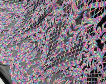 Multi Color Sequin Fabric 4Way Stretch Mesh, Damask Design With Confetti Sequins Lace Prom